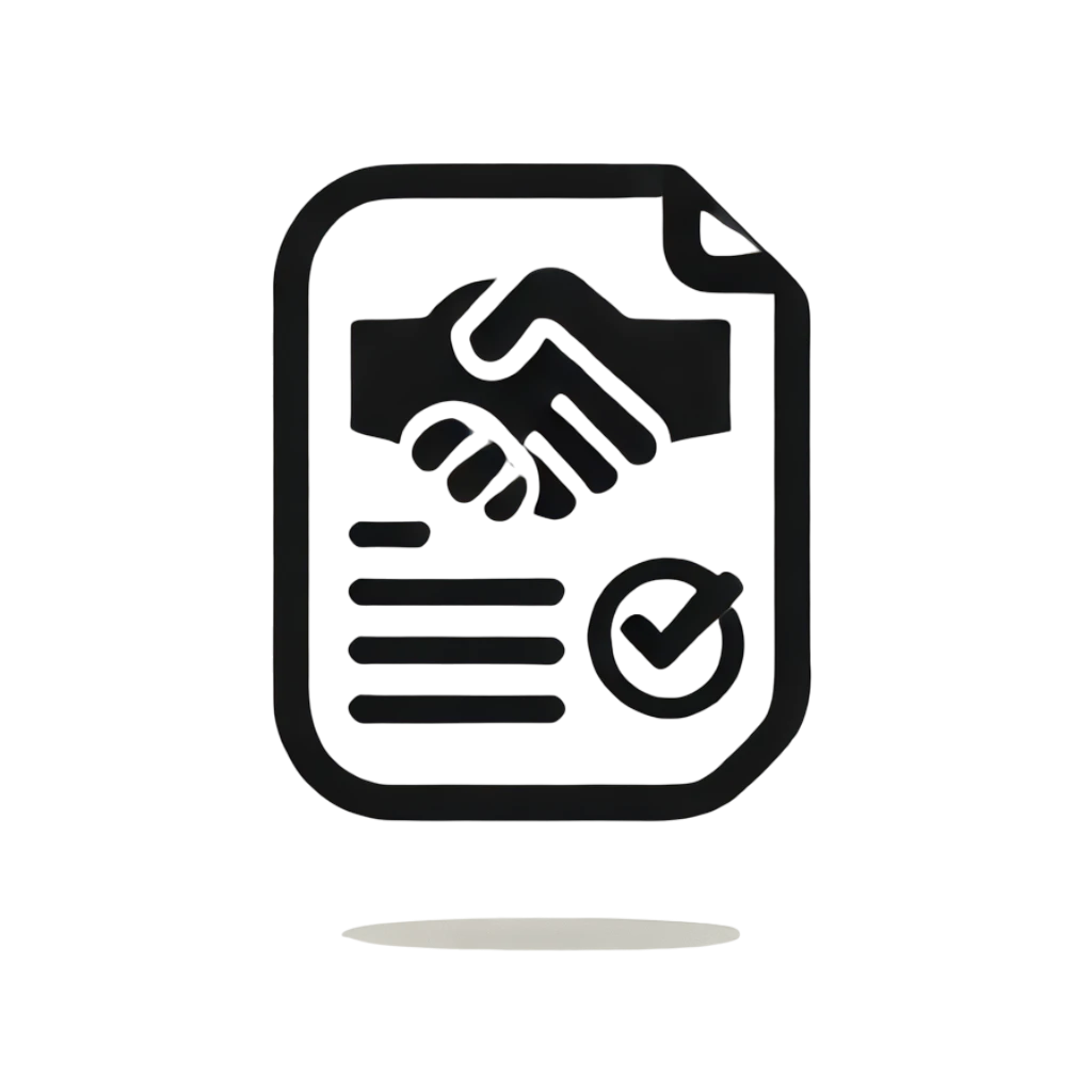 A minimalist black icon on a white background featuring either a handshake or a signed document with a checkmark. The design should be simple modern Photoroom